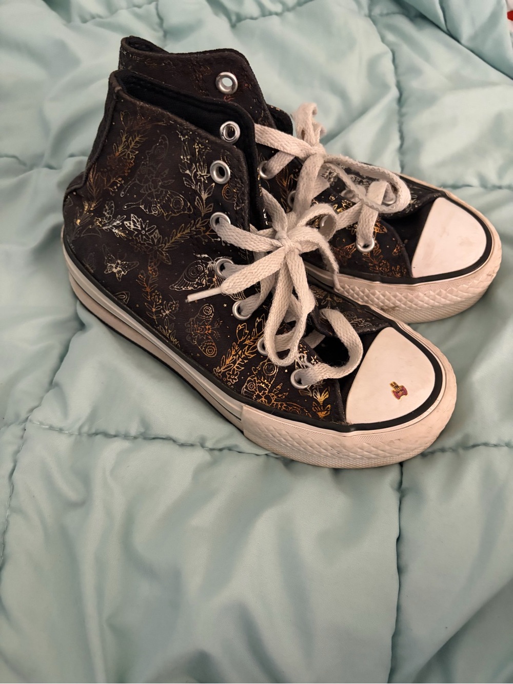 Converse Black High-Top Sneakers with Gold Metallic Butterfly and Floral Print